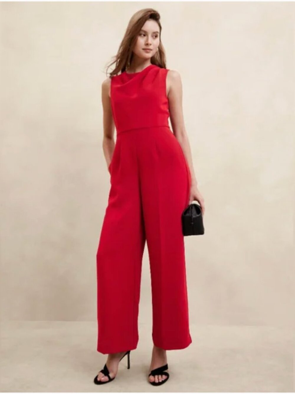 Banana Republic Crepe Sleeveless Cowl-Neck Jumpsuit Cherry Red 12 - Picture 3 of 10